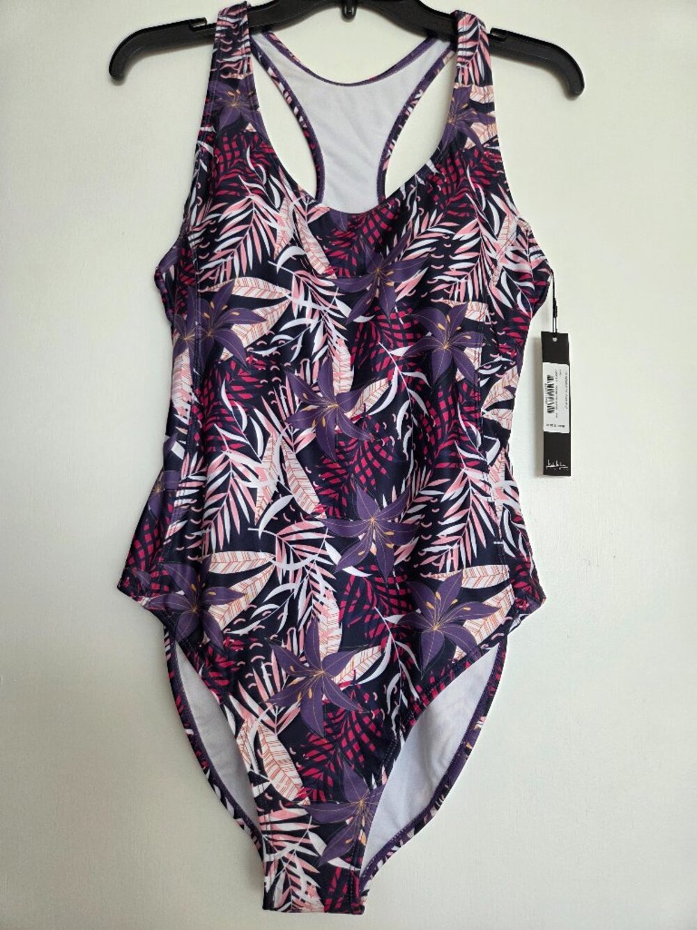 Nicole Miller Women's Size L Floral Racerback One-piece Swimsuit Raspberry Beach